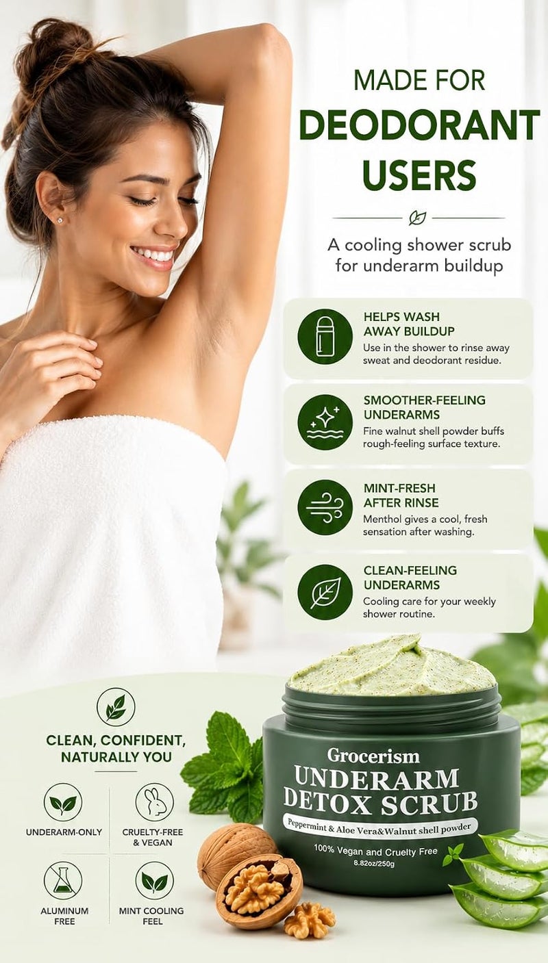 Grocerism Armpit Detox and Body Scrub 8.8oz || with Peppermint and Aloe Vera for Odors Removing, Exfoliating, Moisturizing, Smoothen and Tighten, for Legs, Knee, Feet, Hands Whole Body - Image 4