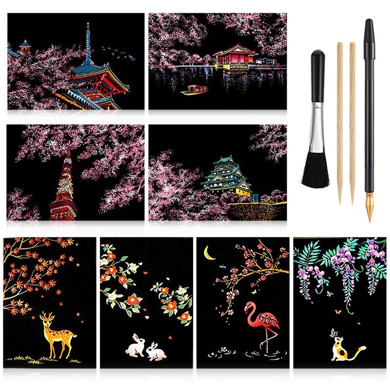 NaiHey Scratch Paper Art Set 8 Sheets Rainbow Painting Scratch Off Art Cherry Blossom Animal Mini Postcard Art Craft Supplies for Adults Girls Boys Thanksgiving Christmas Birthday Party Game Gift - Image 2