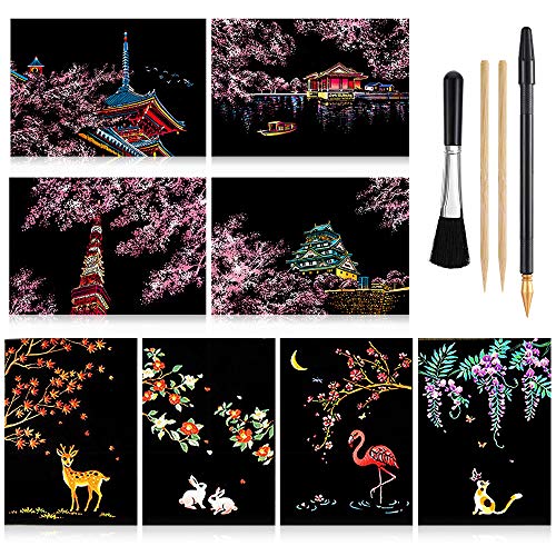 NaiHey Scratch Paper Art Set 8 Sheets Rainbow Painting Scratch Off Art Cherry Blossom Animal Mini Postcard Art Craft Supplies for Adults Girls Boys Thanksgiving Christmas Birthday Party Game Gift - Image 1