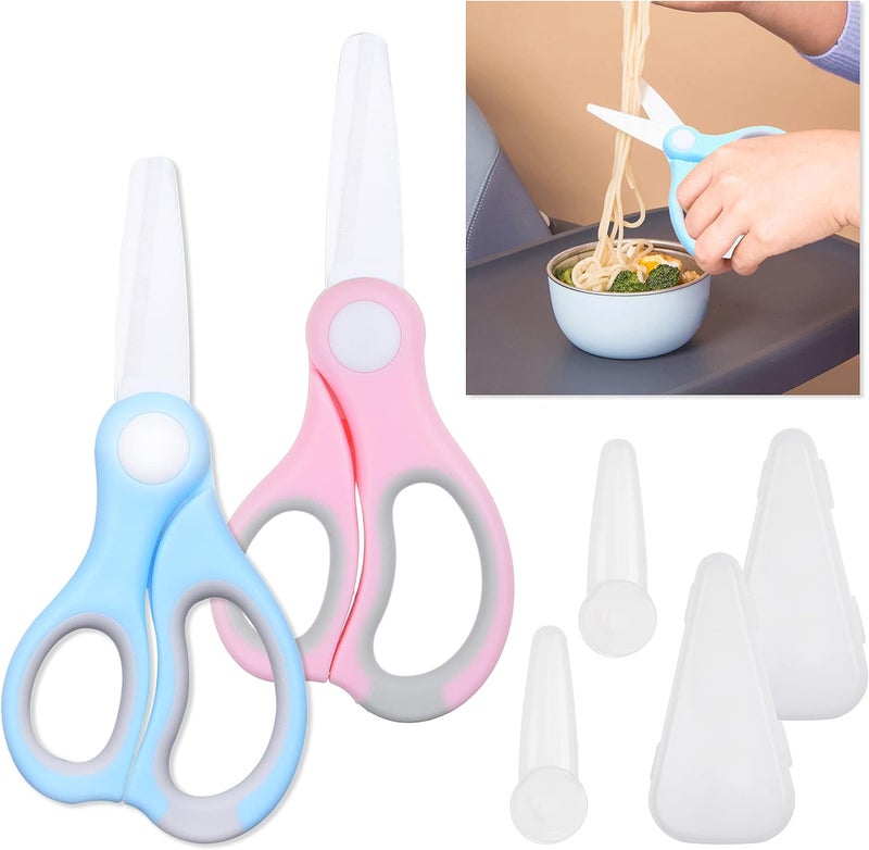 Kare Kind 2x Ceramic Baby Food Scissors - Blue/Pink - With Dust Cover and Storage Case - Cut Baby Food Easily - Ideal for Noodles, Meat, Chicken, Veggies and Fruits (Blue & Pink - 2 pack) - Image 1