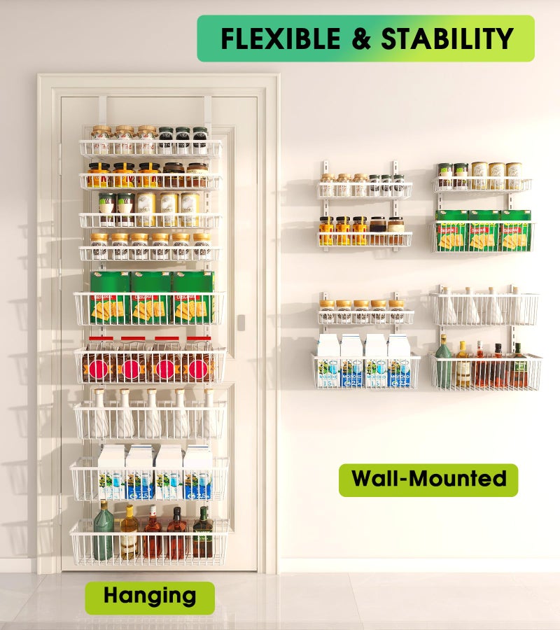 Mefirt White 9-Tier Over The Door Pantry Organizer, Pantry Organization and Storage, Deep Baskets Hanging Heavy-Duty Metal, Wall Spice Rack Seasoning Shelves for Home & Kitchen, Laundry Room Bathroom - Image 3