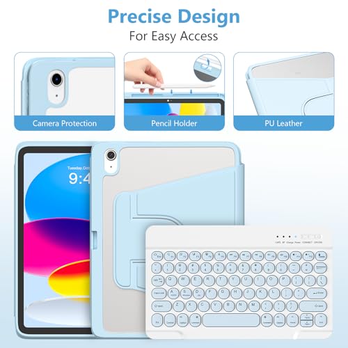 besky Keyboard case for iPad A16 11th 10th Generation 11/10.9 inch, Detachable Keypad，360 Rotatable Magnetic Cover with Pencil Holder for iPad 11 2025 10 Gen 2022 - Light Blue - Image 5