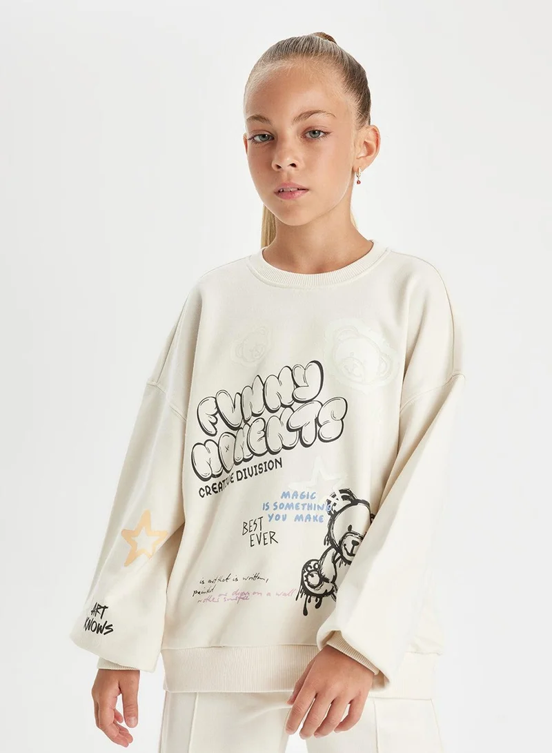 DeFacto Ecru Oversized Fit Crew Neck Bear Printed Sweatshirt