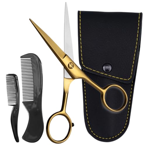 Ontaki Brass Grooming Kit - 5 in, Golden Brass - Beard Trimming Scissors, Mustache Comb & Beard Comb, Carrying Pouch - Image 1