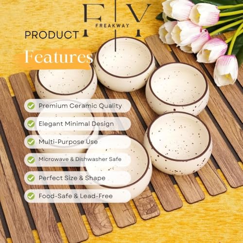 Freakway Hand-Painted Matte Finish Ceramic Bowl Set of 6 (150ml) | Small Serving Soup Bowls, Cereal Bowl, Dessert/Chutney Bowl (3 inch) | Dishwasher & Microwave Safe - Off White - Image 3