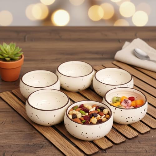 Freakway Hand-Painted Matte Finish Ceramic Bowl Set of 6 (150ml) | Small Serving Soup Bowls, Cereal Bowl, Dessert/Chutney Bowl (3 inch) | Dishwasher & Microwave Safe - Off White - Image 1