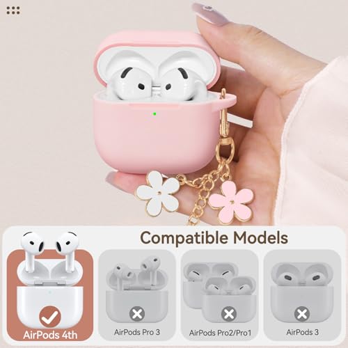 Wowwat for AirPods 4 Case Cover, Soft Pink Silicone Protective Shell Compatible with Apple AirPods 4th Generation Case for Women Girly, iPod 4 Case with Flower Chain,Keychain and Cleaner Kit - Pink - Image 2