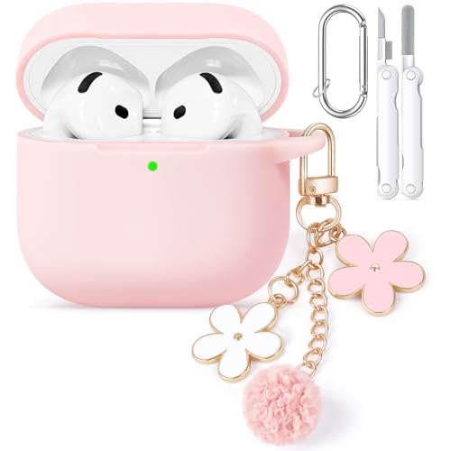 Wowwat for AirPods 4 Case Cover, Soft Pink Silicone Protective Shell Compatible with Apple AirPods 4th Generation Case for Women Girly, iPod 4 Case with Flower Chain,Keychain and Cleaner Kit - Pink - Image 1