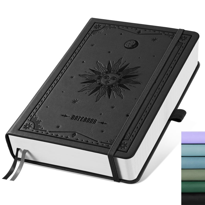 Emshoi A5 Hardcover Leather Journal - 320 Pages  100Gsm Thick Notebook Lined Journal For Writing Women & Men  College Ruled  Sun Design- Black (5.75"" X 8.38"") - Image 1