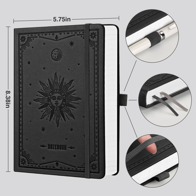 Emshoi A5 Hardcover Leather Journal - 320 Pages  100Gsm Thick Notebook Lined Journal For Writing Women & Men  College Ruled  Sun Design- Black (5.75"" X 8.38"") - Image 3