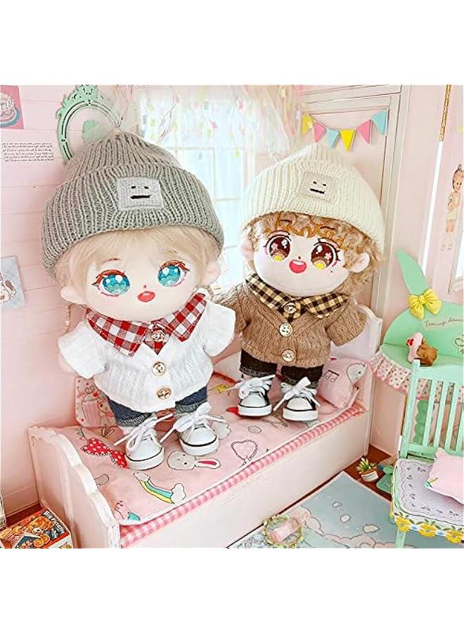 7.8in/20cm Plush Doll Clothes Hat on Sweater Denim Flanging Jeans Doll Dressup (White+Brown)  - Image 5