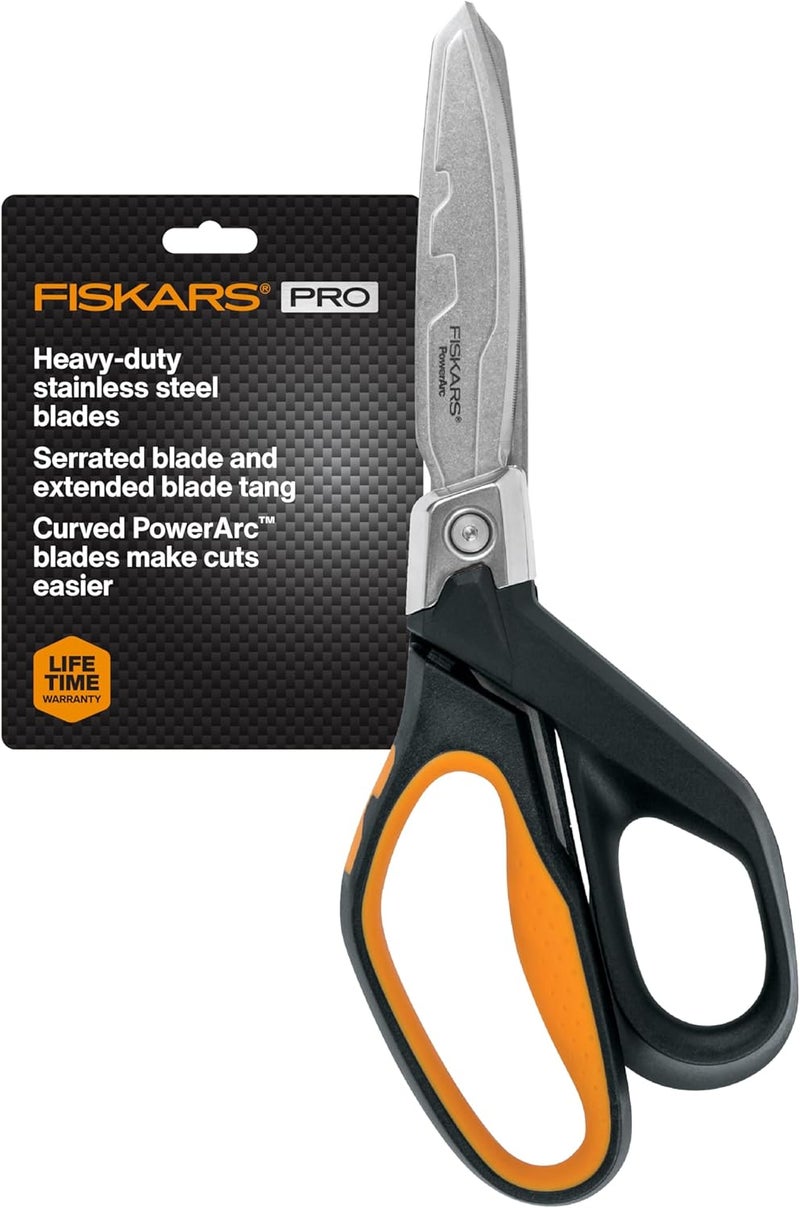 Fiskars مقص باور أرك 8 بوصة، مقصوص ثقيل الوزن من الفولاذ المقاوم للصدأ مع مقبض مريح، أداة للأعمال الإنشائية لقص المواد مثل العزل، شريط لاصق، كرتون، حبل وتيفيك. - Image 1