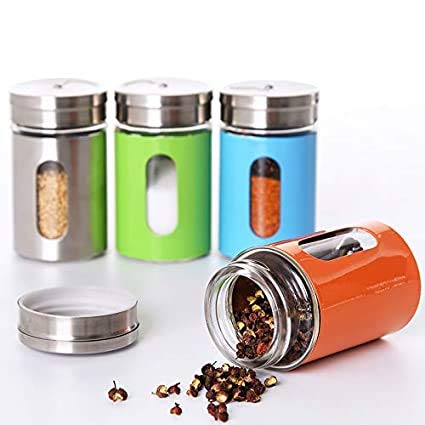 Dibha Glass Spice Shaker Jar with Steel Lid Multicolor/Great for Spices, Herbs, Seasonings (Set of 4, Diameter 5 cm, Height 8 Cm) - Image 1