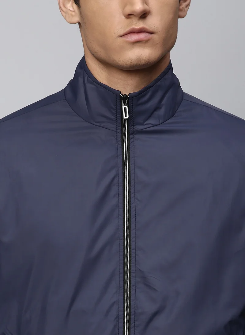 Dennis Lingo Navy Regular Fit Men's Solid Mock Neck Full Sleeves Polyester Jacket with Zipper Closure