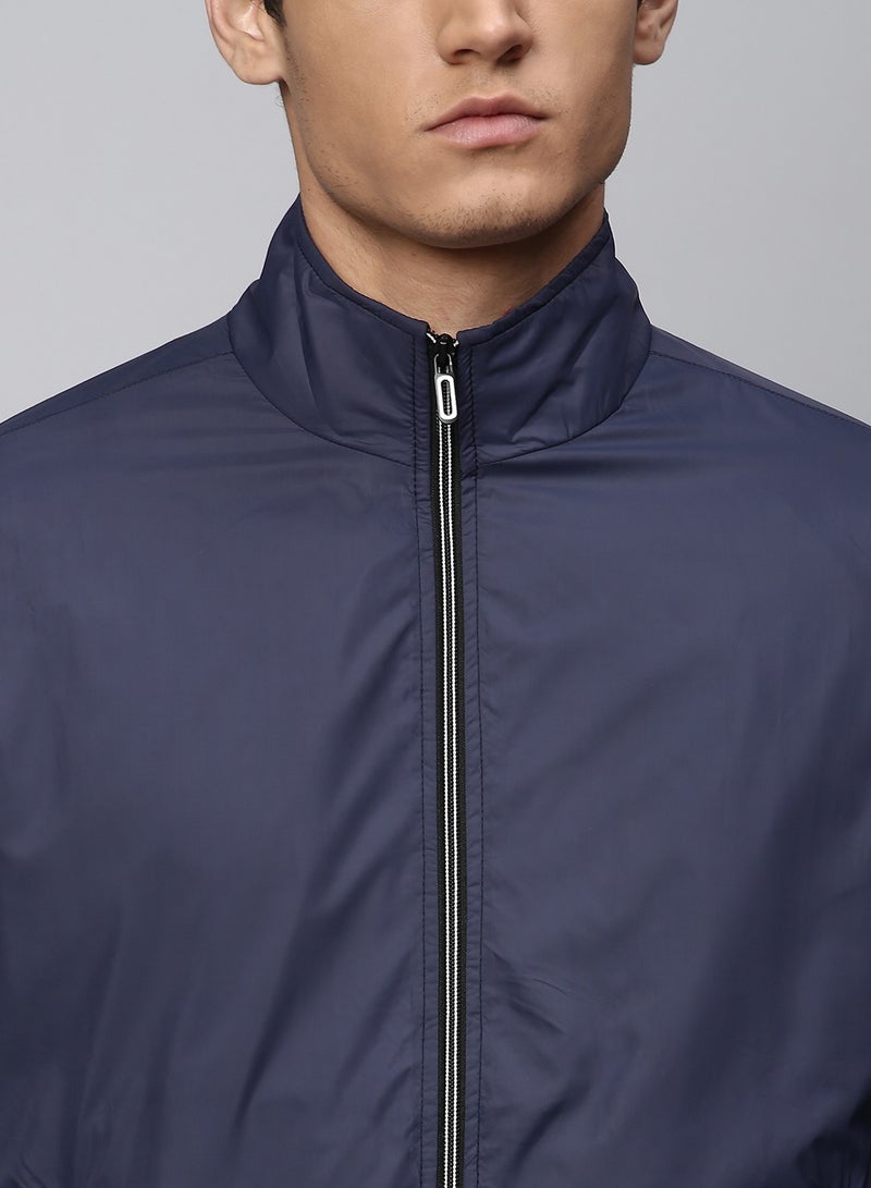 Dennis Lingo Navy Regular Fit Men's Solid Mock Neck Full Sleeves Polyester Jacket with Zipper Closure  - Image 5