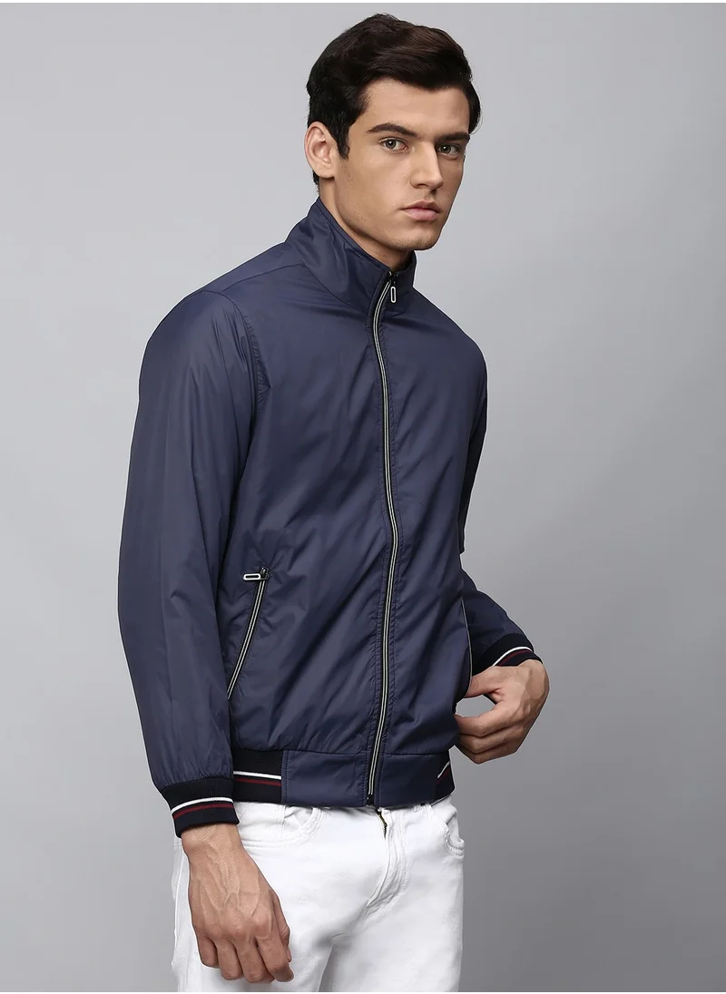 Dennis Lingo Navy Regular Fit Men's Solid Mock Neck Full Sleeves Polyester Jacket with Zipper Closure