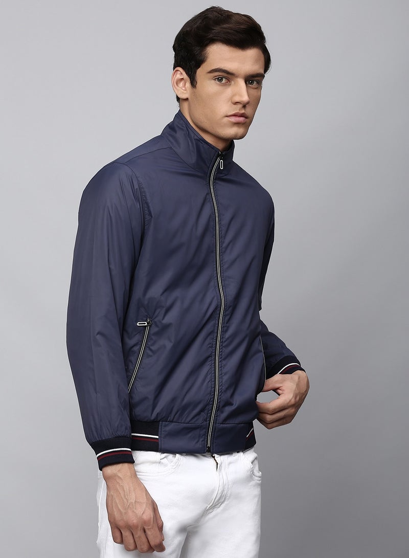Dennis Lingo Navy Regular Fit Men's Solid Mock Neck Full Sleeves Polyester Jacket with Zipper Closure  - Image 2