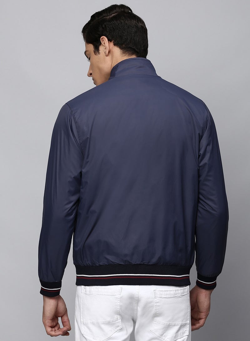 Dennis Lingo Navy Regular Fit Men's Solid Mock Neck Full Sleeves Polyester Jacket with Zipper Closure  - Image 3