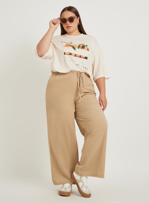 بنطلون واسع الساق سادة بخصر برباط مقاس كبير