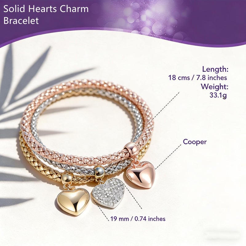 SILANER Crystal Charms Multilayer Bracelets - 3PCS Gold/Silver/Rose Gold Corn Chain Bracelet for Women, Tree of Life Heart Shaped Stretch Bracelet(Solid Hearts Charm) - Image 2