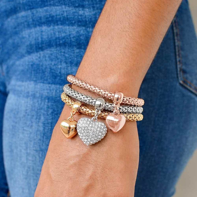 SILANER Crystal Charms Multilayer Bracelets - 3PCS Gold/Silver/Rose Gold Corn Chain Bracelet for Women, Tree of Life Heart Shaped Stretch Bracelet(Solid Hearts Charm) - Image 3