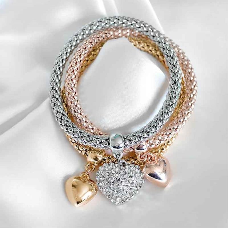 SILANER Crystal Charms Multilayer Bracelets - 3PCS Gold/Silver/Rose Gold Corn Chain Bracelet for Women, Tree of Life Heart Shaped Stretch Bracelet(Solid Hearts Charm) - Image 5