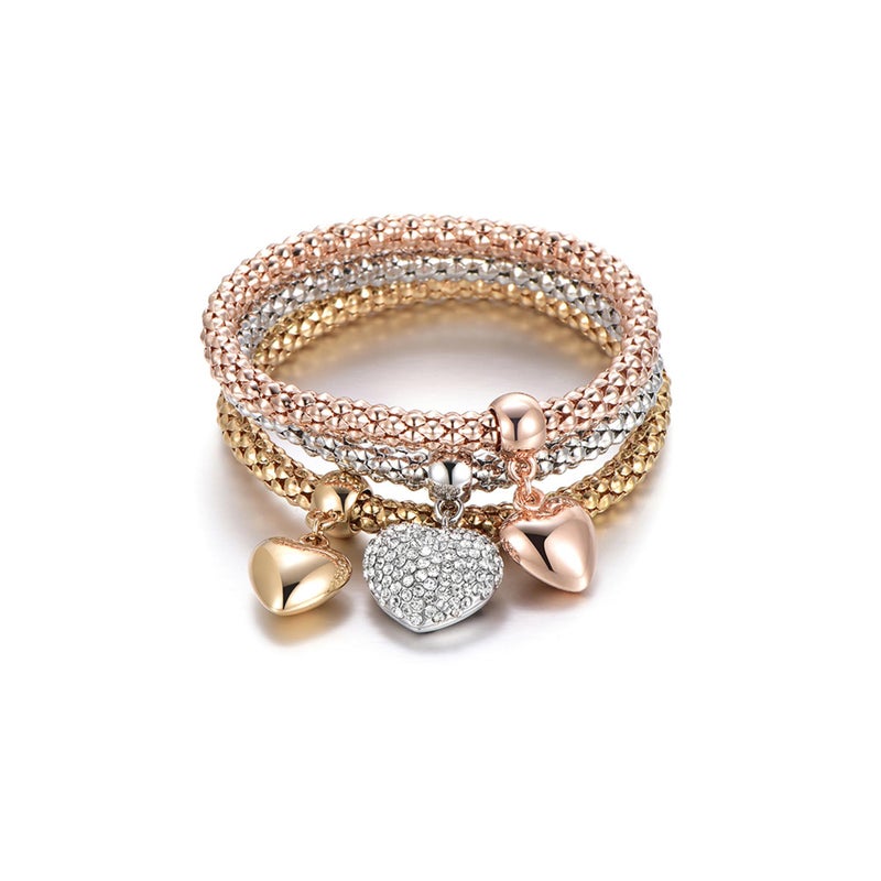SILANER Crystal Charms Multilayer Bracelets - 3PCS Gold/Silver/Rose Gold Corn Chain Bracelet for Women, Tree of Life Heart Shaped Stretch Bracelet(Solid Hearts Charm) - Image 1