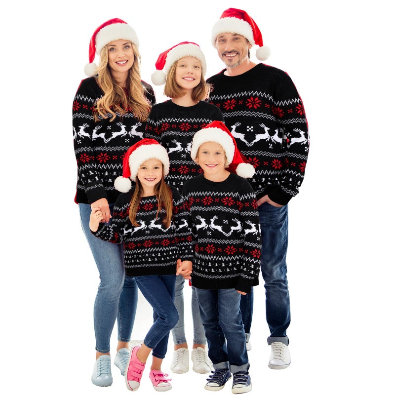 Xaatren Matching Family Christmas Sweaters Ugly Knit Pullover Cute Long Sleeve Crew Neck Xmas Holiday Jumper with Hat MediumBlack ElkMen