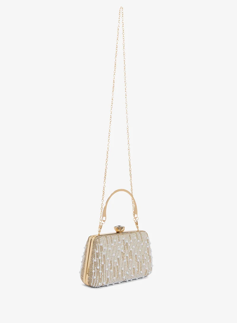 Khizana Beaded Diamond Embellished Detailed Clutch With Top Handle Gold