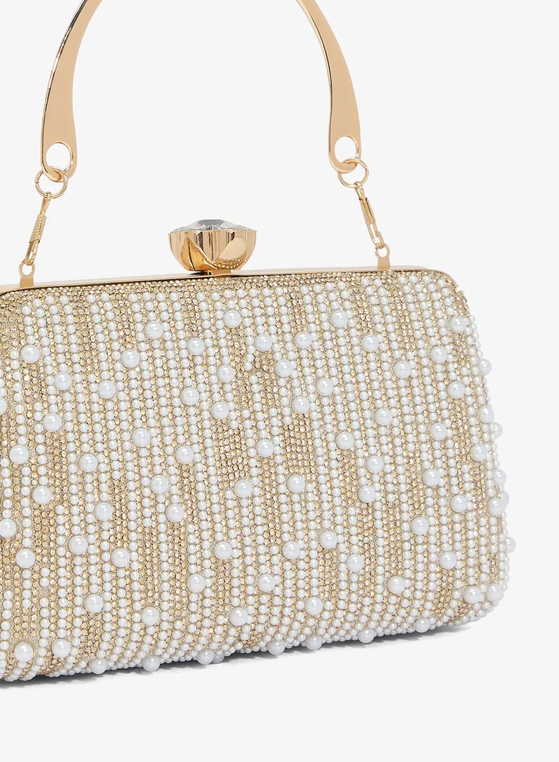 Khizana Gold Beaded Diamond Embellished Detailed Clutch With Top Handle Gold for Women | Best Price UAE