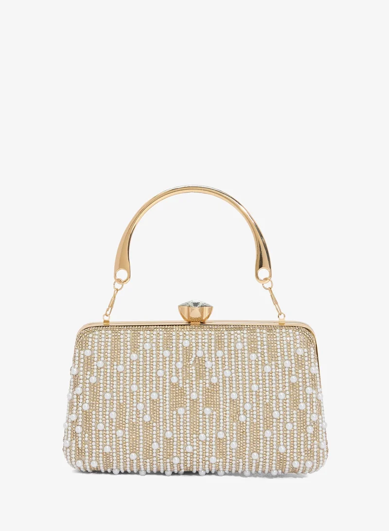 Khizana Beaded Diamond Embellished Detailed Clutch With Top Handle Gold