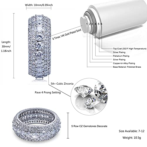 TOPGRILLZ 10MM Rings For Men 14K Silver-Plated 5A+ Cubic Zirconia Iced Out Anniversary Bling Black Band Pinky Mens Rings Fashion(White Gold, 11) - Image 2