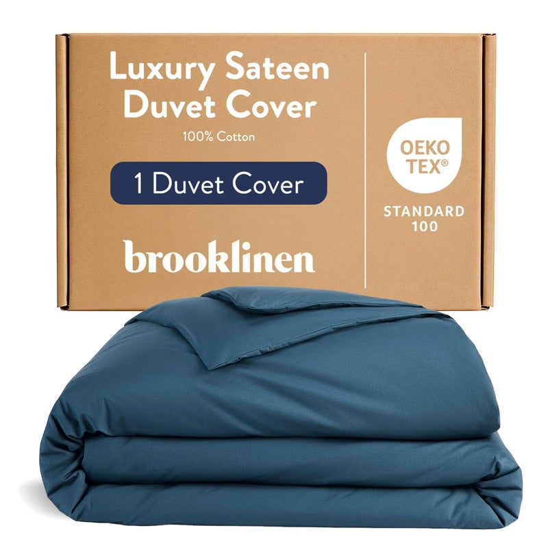Brooklinen Luxury Sateen Duvet Cover 100 Cotton TwinTwin XL Size in Abyss Blue with ExtraLong Corner Ties and Button Closure Best TwinTwin XL Duvet Covers - Image 2