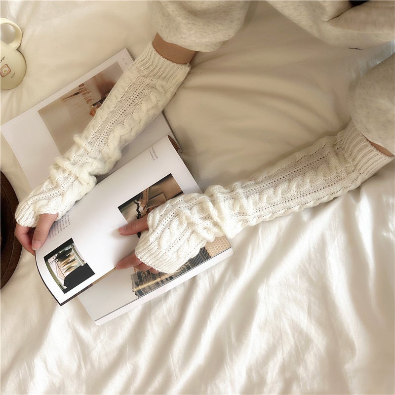 Warm Knit Arm Warmers Fingerless Long Sleeve Winter Accessory for Women White 