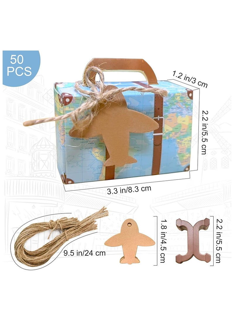 SYOSI Party Favor Candy Box, 50Pcs World Map Mini Suitcase Favor Box, Vintage Kraft Paper with Tags and Burlap Twine for Travel Themed Party, Bridal Shower, Wedding Decorations Creative Suitcase Candy Box  - Image 4