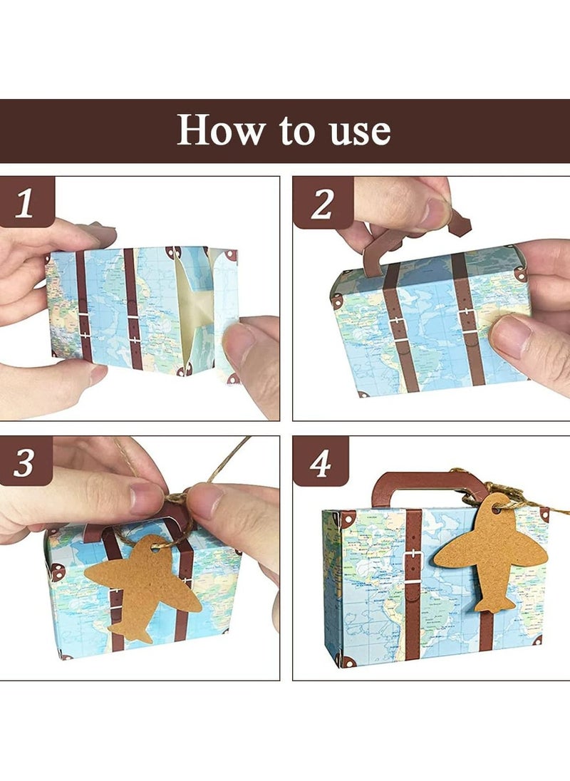 SYOSI Party Favor Candy Box, 50Pcs World Map Mini Suitcase Favor Box, Vintage Kraft Paper with Tags and Burlap Twine for Travel Themed Party, Bridal Shower, Wedding Decorations Creative Suitcase Candy Box  - Image 5