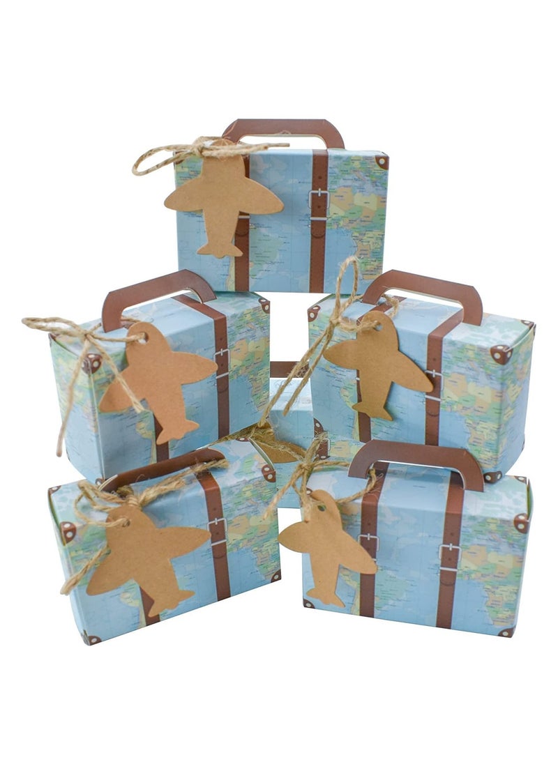 SYOSI Party Favor Candy Box, 50Pcs World Map Mini Suitcase Favor Box, Vintage Kraft Paper with Tags and Burlap Twine for Travel Themed Party, Bridal Shower, Wedding Decorations Creative Suitcase Candy Box  - Image 1