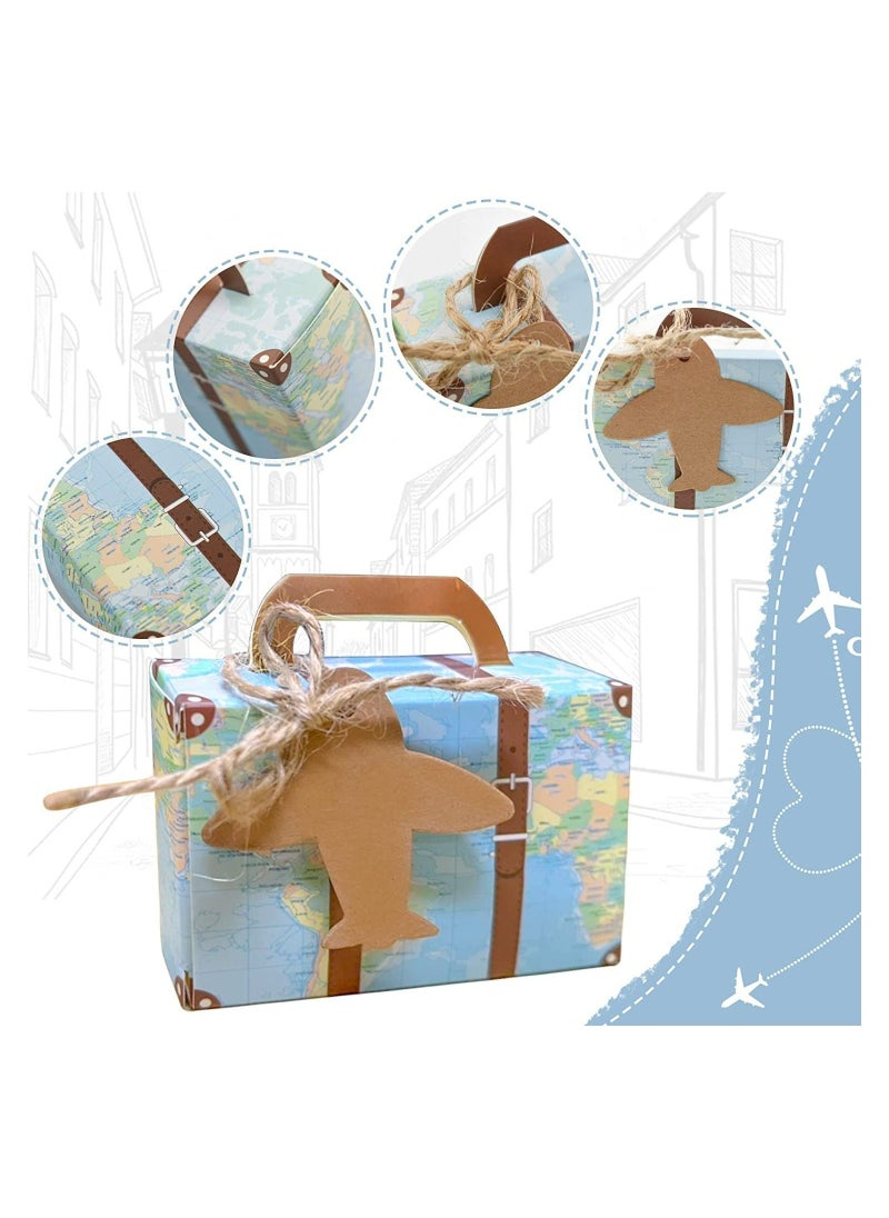 SYOSI Party Favor Candy Box, 50Pcs World Map Mini Suitcase Favor Box, Vintage Kraft Paper with Tags and Burlap Twine for Travel Themed Party, Bridal Shower, Wedding Decorations Creative Suitcase Candy Box  - Image 3