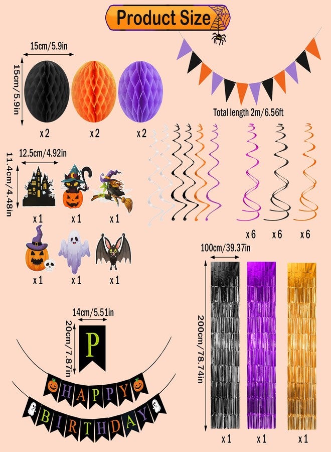 mortd Halloween Birthday Party Decor Pack, Happy Birthday Banner Pumpkin Bat Ghost Hanging Swirls Black Orange Purple Honeycomb Flag Foil Fringe Curtains Set for Halloween Birthday Party Supplies - Image 2