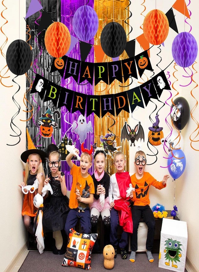 mortd Halloween Birthday Party Decor Pack, Happy Birthday Banner Pumpkin Bat Ghost Hanging Swirls Black Orange Purple Honeycomb Flag Foil Fringe Curtains Set for Halloween Birthday Party Supplies - Image 4