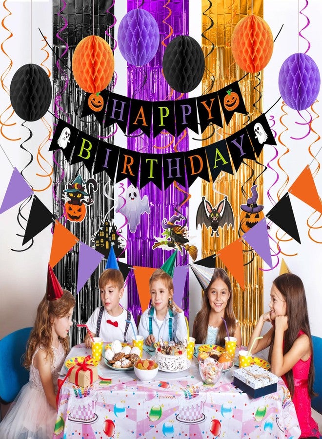 mortd Halloween Birthday Party Decor Pack, Happy Birthday Banner Pumpkin Bat Ghost Hanging Swirls Black Orange Purple Honeycomb Flag Foil Fringe Curtains Set for Halloween Birthday Party Supplies - Image 5