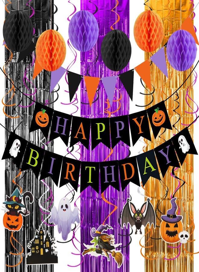 mortd Halloween Birthday Party Decor Pack, Happy Birthday Banner Pumpkin Bat Ghost Hanging Swirls Black Orange Purple Honeycomb Flag Foil Fringe Curtains Set for Halloween Birthday Party Supplies - Image 1