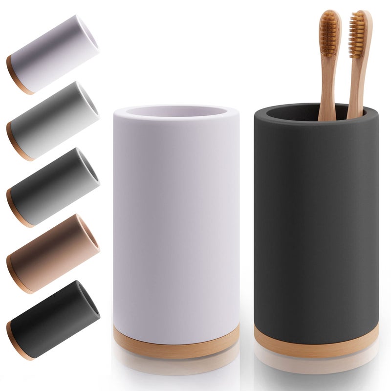 Matani Bamboo Toothbrush Holder Diatomite Tooth Brush Organizer - Storage Stand for Small Bathroom & Counter - Removable Base & Drain Holes, Water-Absorbent & Quick-Drying (Off White & Black) - Image 1