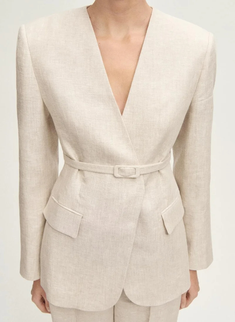 MANGO Linen Suit Jacket With Belt