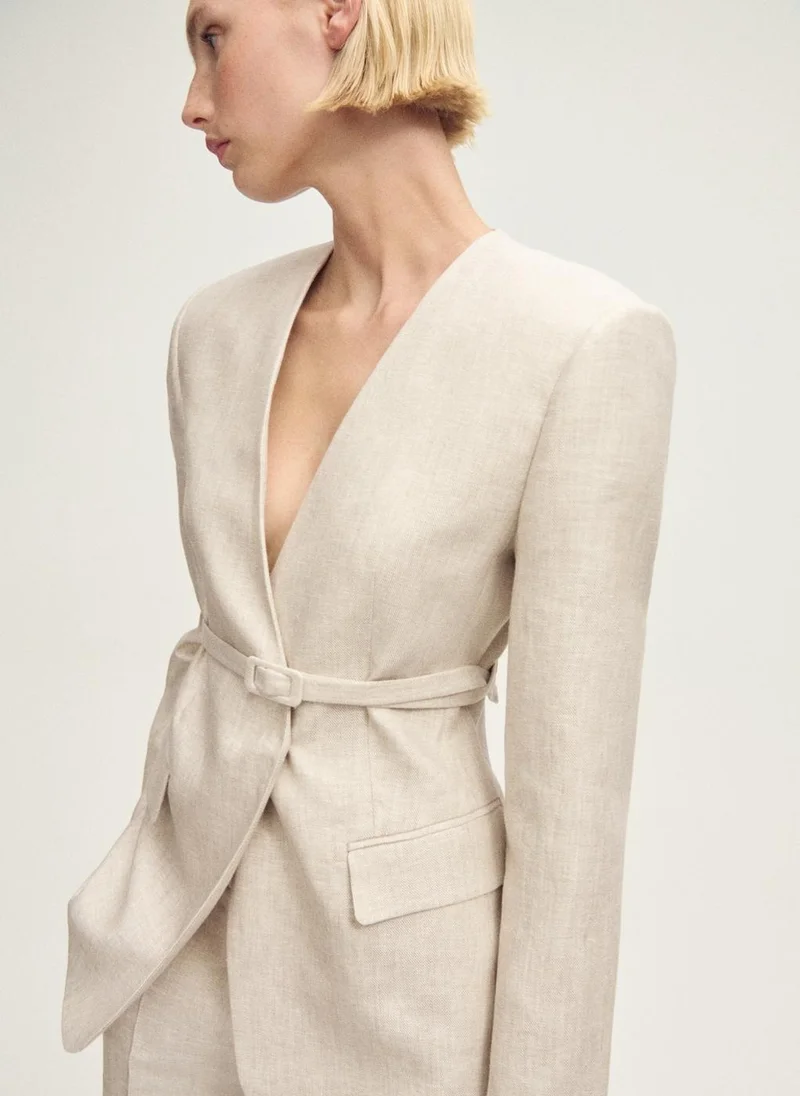 MANGO Linen Suit Jacket With Belt