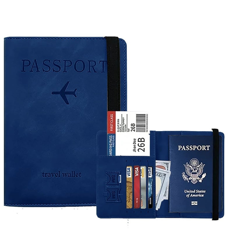 Premium Travel Passport Wallet, RFID Blocking PU Leather Card Organizer, Multiple Colors, Document Holder with Elastic Band, 14.58 x 11 cm (Dark Blue) - Image 2
