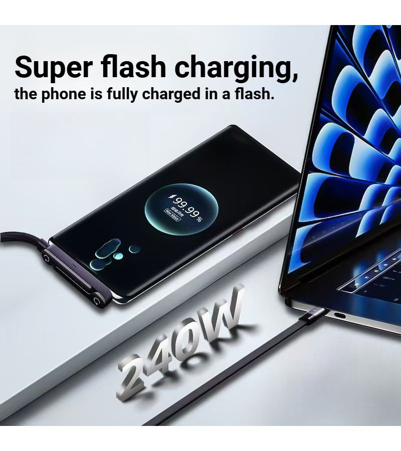 Black Type C 59 06 Inch 240W Foldable Phone Stand Data Cable Dual USB C Super Fast Charging Elbow Braided Cable - Image 2