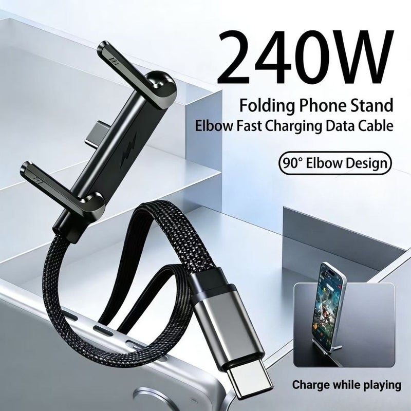 Black Type C 59 06 Inch 240W Foldable Phone Stand Data Cable Dual USB C Super Fast Charging Elbow Braided Cable - Image 1