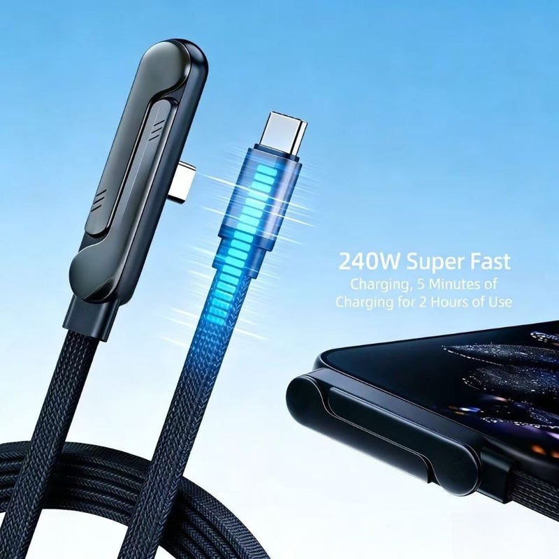 Black Type C 59 06 Inch 240W Foldable Phone Stand Data Cable Dual USB C Super Fast Charging Elbow Braided Cable - Image 3