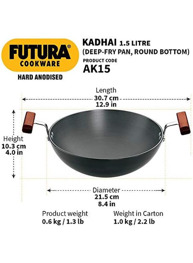 Hawkins Futura Hard Anodised Deep Fry Pan Kadhai Round Bottom Without Lid 1.5 Liters Black - Image 3